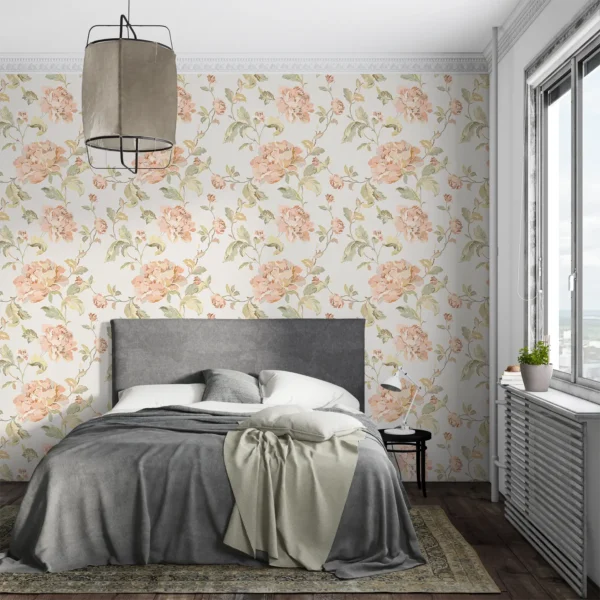 A close-up of Blossom Canvas vintage floral wallpaper with dusty pink and sage green flowers.