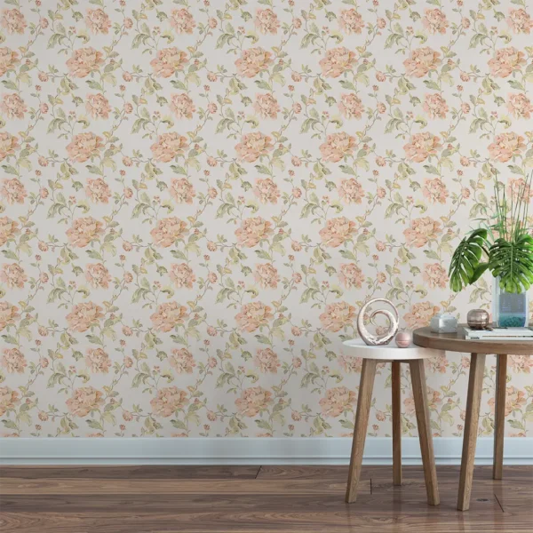 A close-up of Blossom Canvas vintage floral wallpaper with dusty pink and sage green flowers.