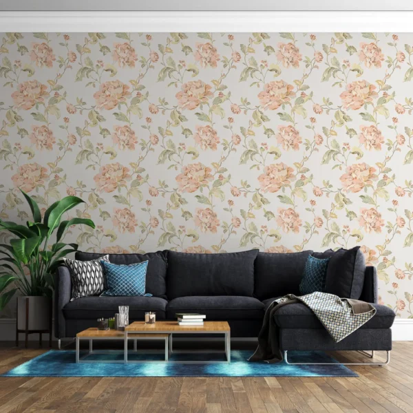 A close-up of Blossom Canvas vintage floral wallpaper with dusty pink and sage green flowers.
