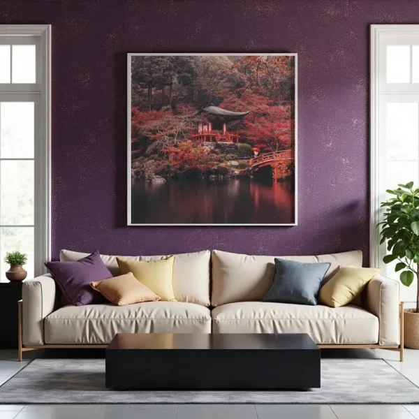 A serene Japanese autumn landscape with a red temple and bridge over a tranquil pond.