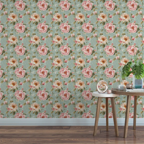 English Rose Manor Vintage Floral Wallpaper. A room features a large-scale vintage floral wallpaper with pink roses on a dusty teal background.