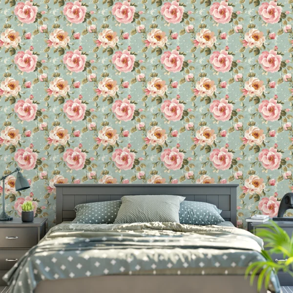 English Rose Manor Vintage Floral Wallpaper. A room features a large-scale vintage floral wallpaper with pink roses on a dusty teal background.
