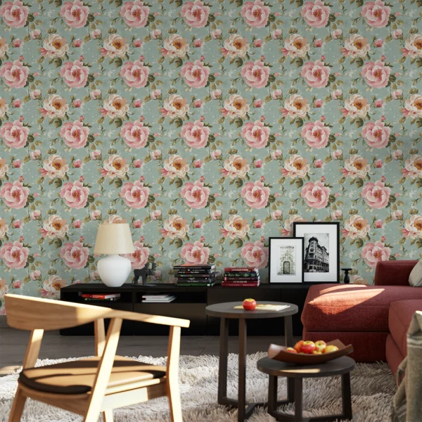 English Rose Manor Vintage Floral Wallpaper. A room features a large-scale vintage floral wallpaper with pink roses on a dusty teal background.