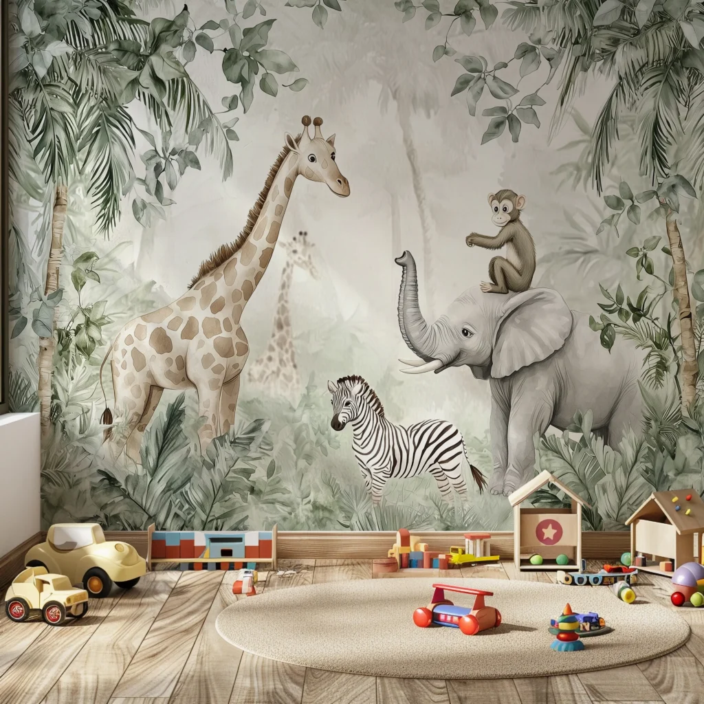 Safari Sanctuary Kids’ Wallpaper Mural. A hand-painted style wallpaper mural showing an elephant, giraffe, zebra, and monkey in a lush, misty jungle.