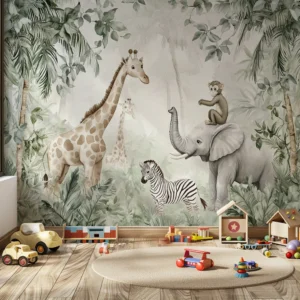 Safari Sanctuary Kids’ Wallpaper Mural. A hand-painted style wallpaper mural showing an elephant, giraffe, zebra, and monkey in a lush, misty jungle.