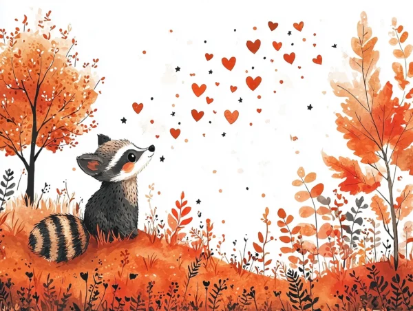 A whimsical watercolor wall mural depicting a raccoon looking at floating hearts.