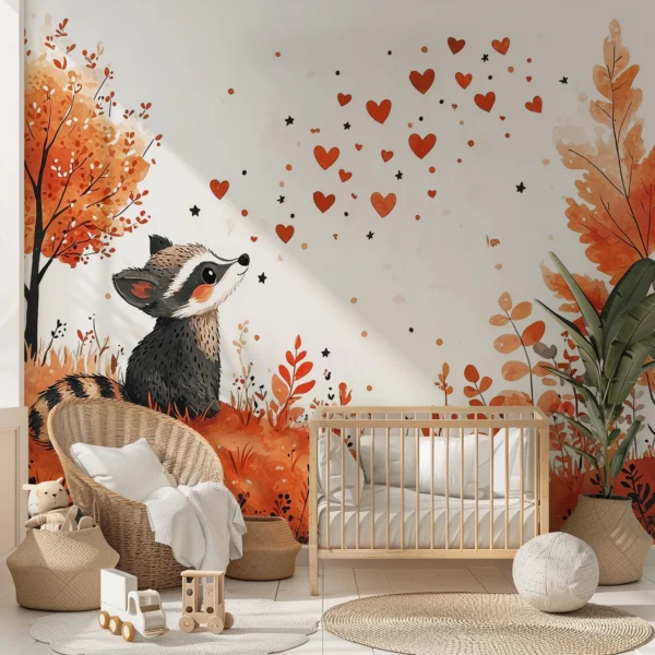 A whimsical watercolor wall mural depicting a raccoon looking at floating hearts.