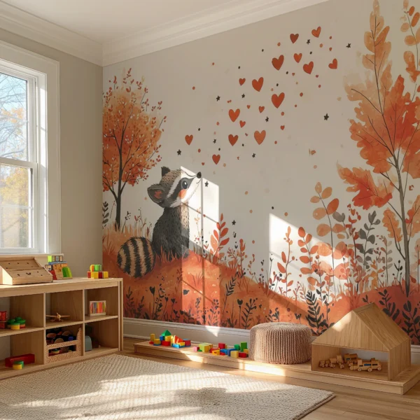 A whimsical watercolor wall mural depicting a raccoon looking at floating hearts.