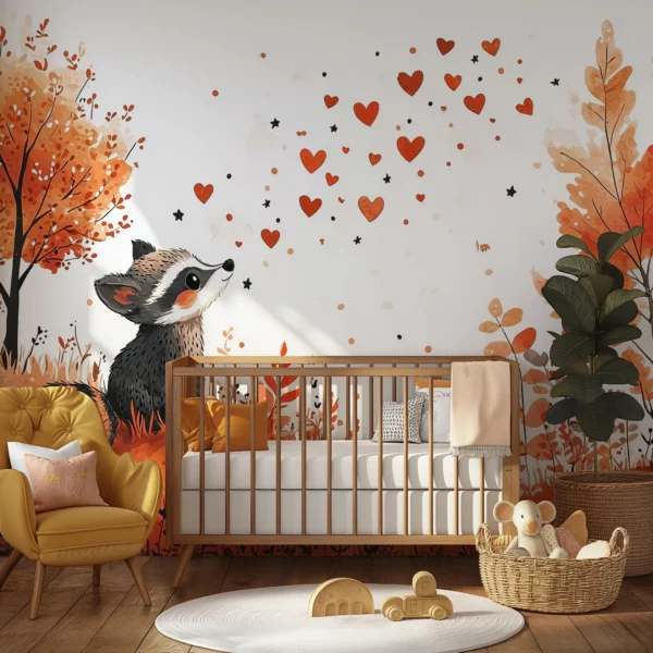 A whimsical watercolor wall mural depicting a raccoon looking at floating hearts.