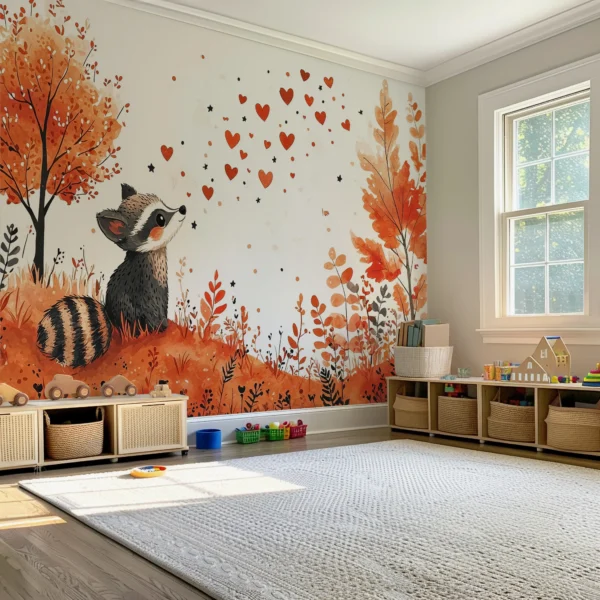 A whimsical watercolor wall mural depicting a raccoon looking at floating hearts.