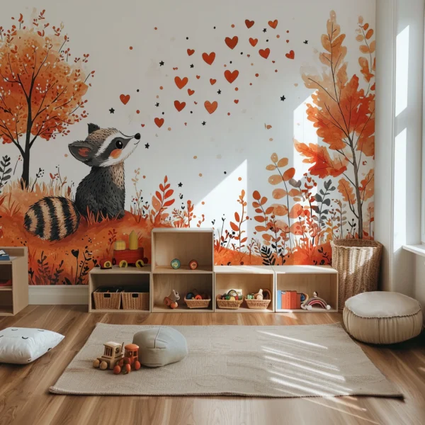 A whimsical watercolor wall mural depicting a raccoon looking at floating hearts.
