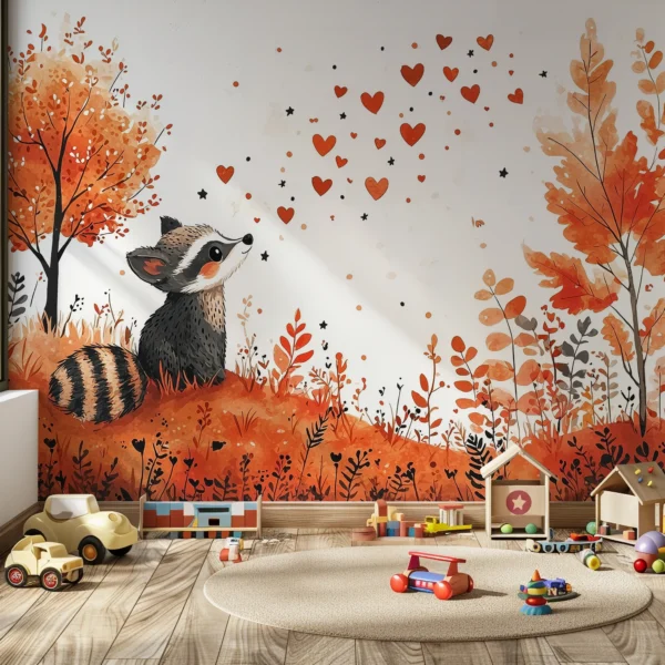 A whimsical watercolor wall mural depicting a raccoon looking at floating hearts.