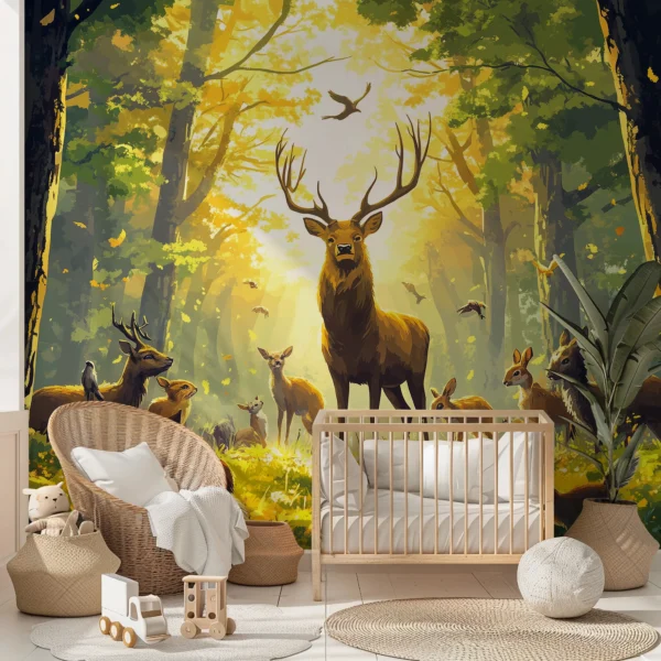 Woodland Dawn Forest Mural with Deer. A serene peel-and-stick wallpaper mural featuring deer in a sunlit forest.