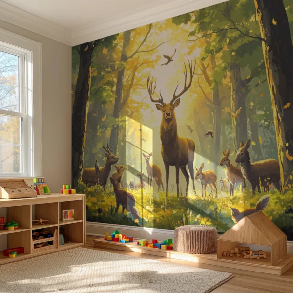 Woodland Dawn Forest Mural with Deer. A serene peel-and-stick wallpaper mural featuring deer in a sunlit forest.