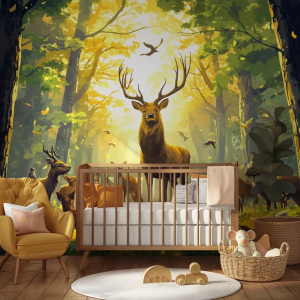 Woodland Dawn Forest Mural with Deer. A serene peel-and-stick wallpaper mural featuring deer in a sunlit forest.