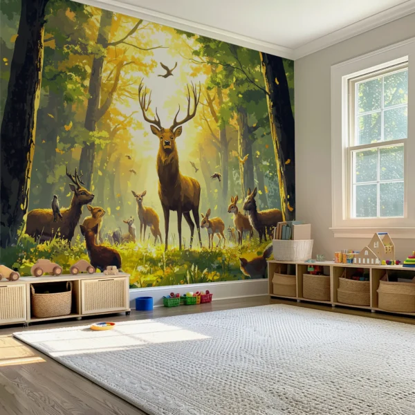 Woodland Dawn Forest Mural with Deer. A serene peel-and-stick wallpaper mural featuring deer in a sunlit forest.