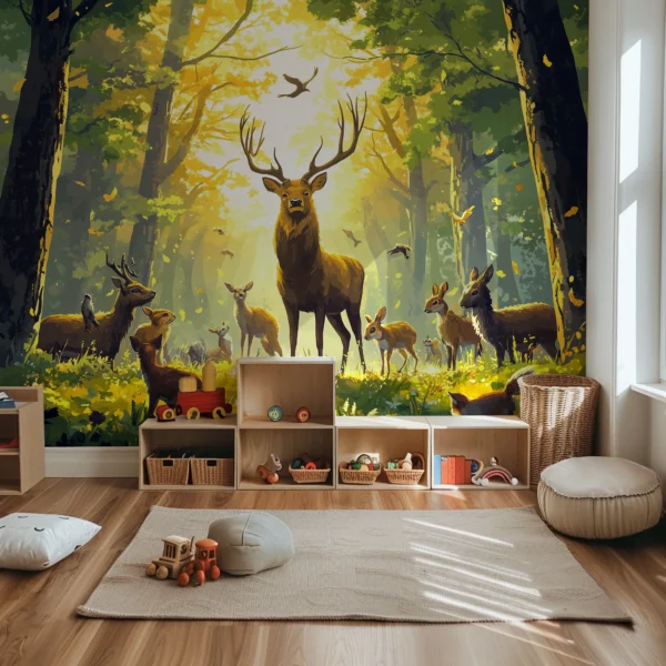 Woodland Dawn Forest Mural with Deer. A serene peel-and-stick wallpaper mural featuring deer in a sunlit forest.