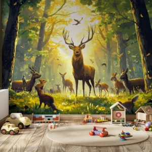 Woodland Dawn Forest Mural with Deer. A serene peel-and-stick wallpaper mural featuring deer in a sunlit forest.