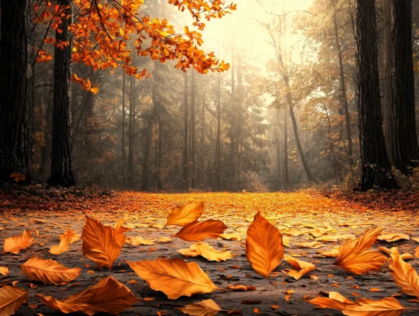 A vibrant forest mural of a sunlit path covered in autumn leaves. Autumn Forest Path Mural Wallpaper