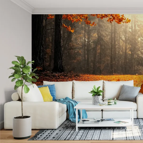 A vibrant forest mural of a sunlit path covered in autumn leaves. Autumn Forest Path Mural Wallpaper