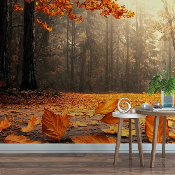A vibrant forest mural of a sunlit path covered in autumn leaves. Autumn Forest Path Mural Wallpaper