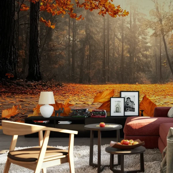 A vibrant forest mural of a sunlit path covered in autumn leaves. Autumn Forest Path Mural Wallpaper