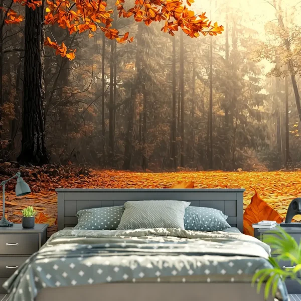 A vibrant forest mural of a sunlit path covered in autumn leaves. Autumn Forest Path Mural Wallpaper