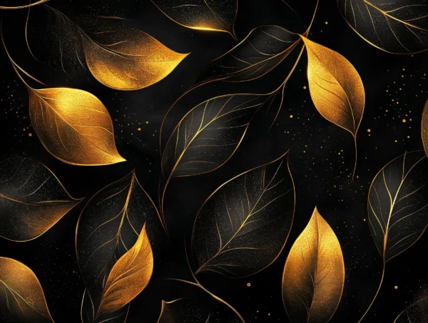 Luxe Foliage Black and Gold Wallpaper Mural. A luxurious black and gold wallpaper mural featuring a pattern of shimmering, detailed leaves.