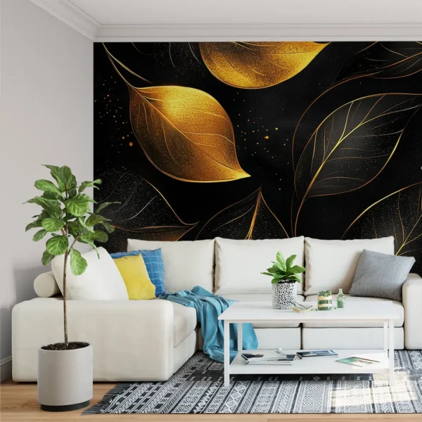 Luxe Foliage Black and Gold Wallpaper Mural. A luxurious black and gold wallpaper mural featuring a pattern of shimmering, detailed leaves.