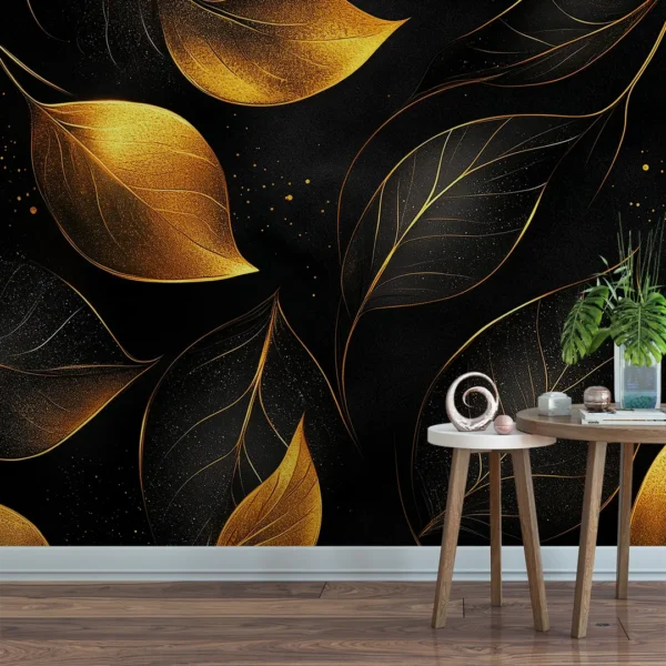 Luxe Foliage Black and Gold Wallpaper Mural. A luxurious black and gold wallpaper mural featuring a pattern of shimmering, detailed leaves.