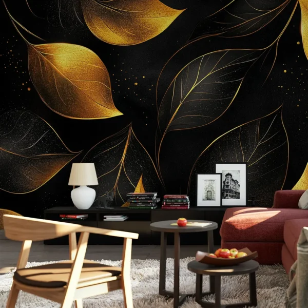 Luxe Foliage Black and Gold Wallpaper Mural. A luxurious black and gold wallpaper mural featuring a pattern of shimmering, detailed leaves.