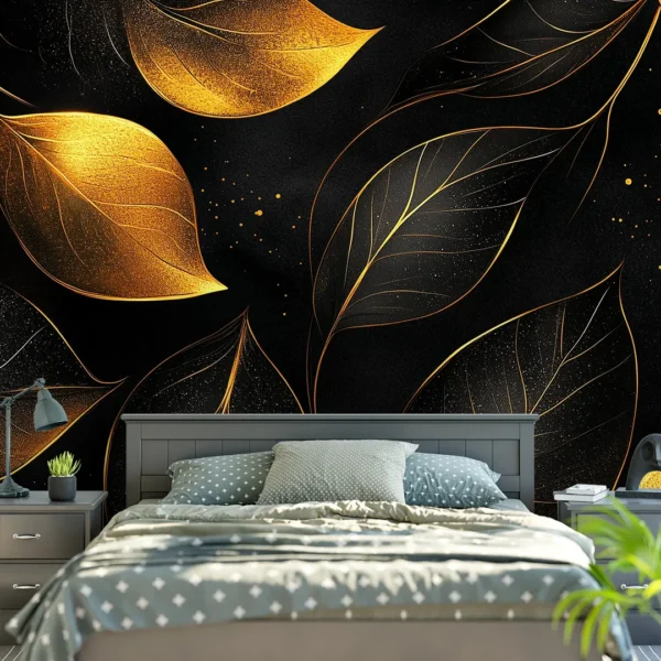Luxe Foliage Black and Gold Wallpaper Mural. A luxurious black and gold wallpaper mural featuring a pattern of shimmering, detailed leaves.