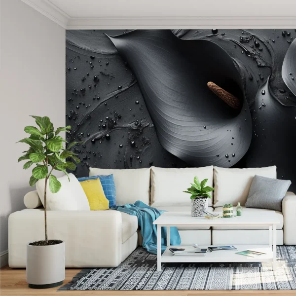 Midnight Bloom | Black Calla Lily Wall Mural. A close-up shot of an elegant, large-scale black calla lily wallpaper mural.