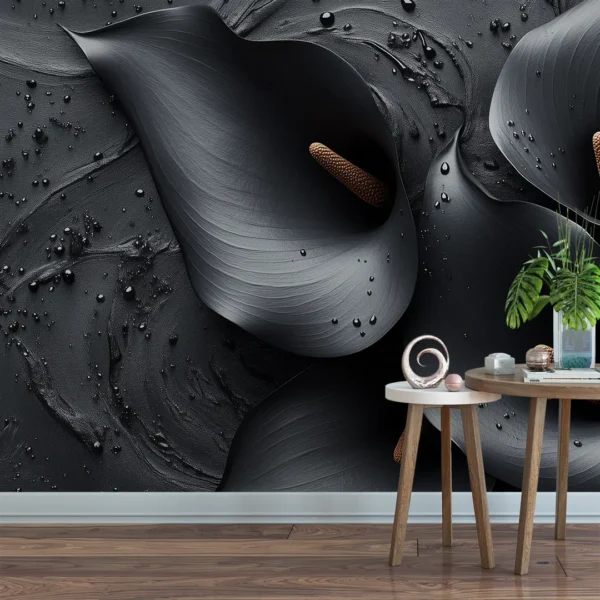Midnight Bloom | Black Calla Lily Wall Mural. A close-up shot of an elegant, large-scale black calla lily wallpaper mural.
