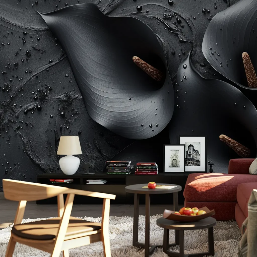 Midnight Bloom | Black Calla Lily Wall Mural. A close-up shot of an elegant, large-scale black calla lily wallpaper mural.