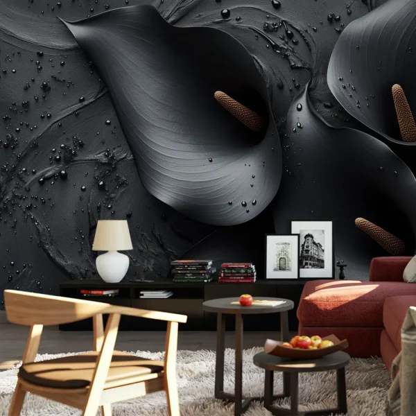 Midnight Bloom | Black Calla Lily Wall Mural. A close-up shot of an elegant, large-scale black calla lily wallpaper mural.