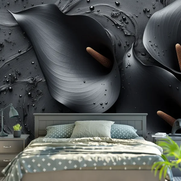 Midnight Bloom | Black Calla Lily Wall Mural. A close-up shot of an elegant, large-scale black calla lily wallpaper mural.