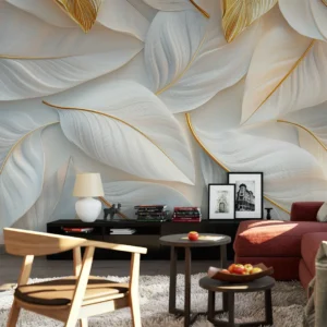 A close-up view of a luxury wall mural featuring a pattern of delicate white and gold feathers.