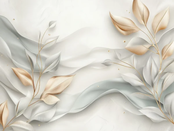 Serenity Flora Elegant Botanical Wall Mural. An elegant wall mural featuring soft gold and sage botanical leaves on a white background.