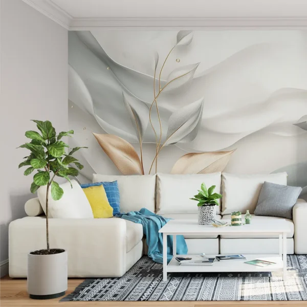 Serenity Flora Elegant Botanical Wall Mural. An elegant wall mural featuring soft gold and sage botanical leaves on a white background.