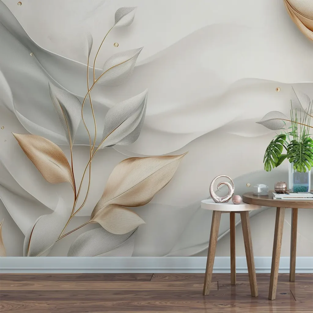 Serenity Flora Elegant Botanical Wall Mural. An elegant wall mural featuring soft gold and sage botanical leaves on a white background.
