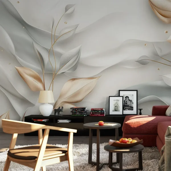 Serenity Flora Elegant Botanical Wall Mural. An elegant wall mural featuring soft gold and sage botanical leaves on a white background.