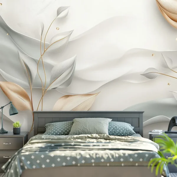Serenity Flora Elegant Botanical Wall Mural. An elegant wall mural featuring soft gold and sage botanical leaves on a white background.