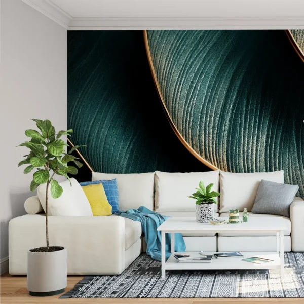 Jade Contour - Abstract Luxe Wall Mural. Close-up of a luxurious abstract wall mural in deep jade with golden ridges.