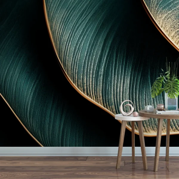Jade Contour - Abstract Luxe Wall Mural. Close-up of a luxurious abstract wall mural in deep jade with golden ridges.