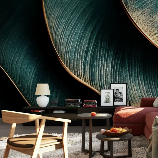 Jade Contour - Abstract Luxe Wall Mural. Close-up of a luxurious abstract wall mural in deep jade with golden ridges.