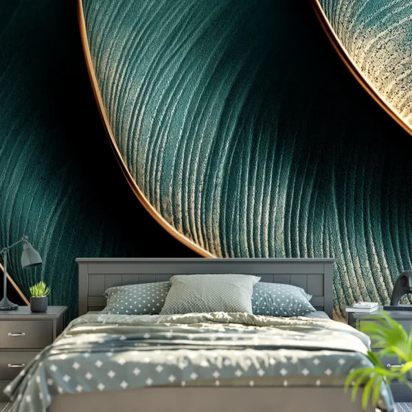 Jade Contour - Abstract Luxe Wall Mural. Close-up of a luxurious abstract wall mural in deep jade with golden ridges.