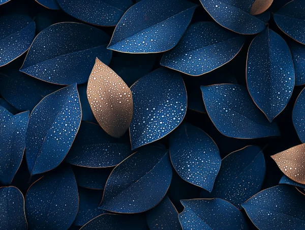 Royal Plume Dark Blue Wallpaper Mural. A close-up view of a dark blue wallpaper with large leaves and metallic gold accents.