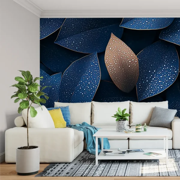 Royal Plume Dark Blue Wallpaper Mural. A close-up view of a dark blue wallpaper with large leaves and metallic gold accents.