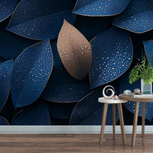 Royal Plume Dark Blue Wallpaper Mural. A close-up view of a dark blue wallpaper with large leaves and metallic gold accents.